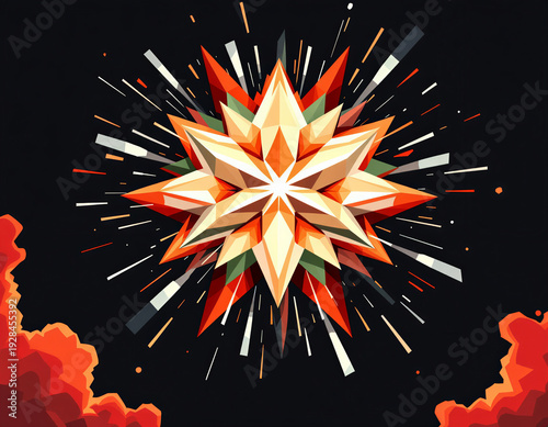Abstract geometric starburst radiating upward, worm's-eye perspective. Rust, honey, clay, forest green with infrared sky. Bold concentric diamond rays, flat design minimal editorial style