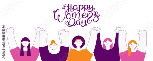 Diverse beautiful happy women friends together. Female characters. Feminism, empowerment, girl power, gender equality concept. 8 March, Womens Day design element, banner. Line vector illustration