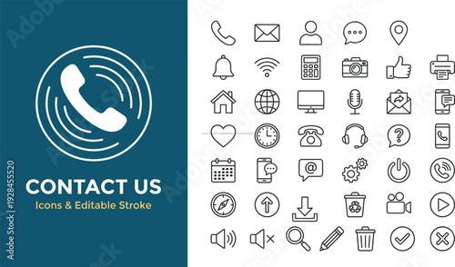 Minimalist contact us icons set with editable stroke, communication symbols, phone, email, chat, location, user interface elements for web, app, and business design
