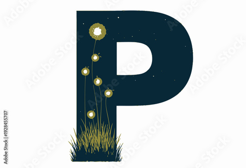 An artistic illustration of the letter P designed with a night sky background featuring glowing luminescent flowers resembling stars growing from grass