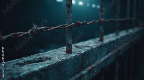 Rusty barbed wire fence with concrete barrier and blurry lights in background