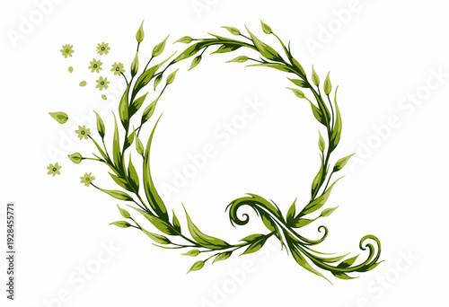 Intricate Botanical Letter Q Design Composed of Green Leaves and Yellow Flowers on a White Background