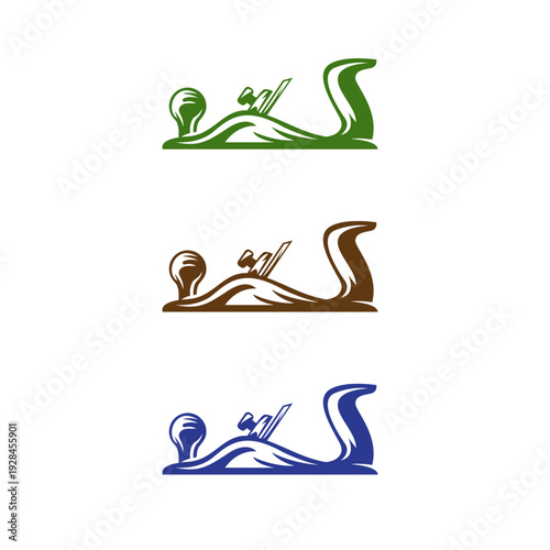 Wood plane tool set in green brown and blue colors for carpentry logo vector
