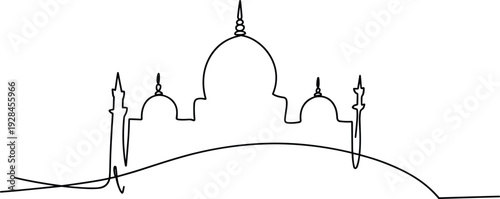 Minimalist mosque outline with dome and minarets on abstract curved landscape background, Islamic line art flat vector illustration