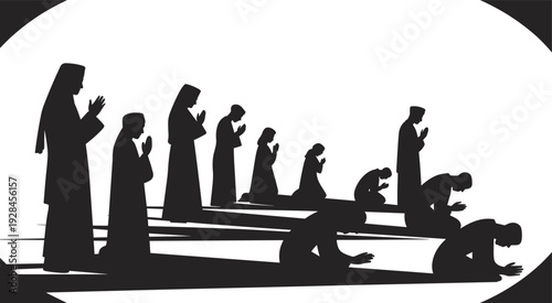 Muslim family performing salah prayer together in mosque silhouette during Ramadan holy month spiritual worship concept, flat vector illustration