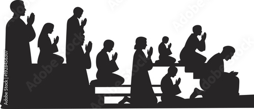Muslim family praying together in mosque silhouette during Ramadan holy month spiritual worship and devotion concept, flat vector illustration