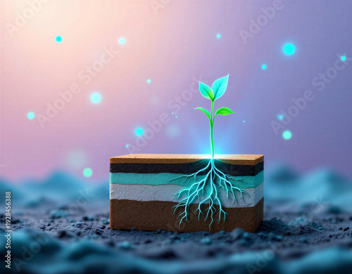 Bioluminescent seedling sprout emerging from layered soil cross-section in paper cut art style, glowing roots, pastel lavender and mint palette, scientific illustration mood