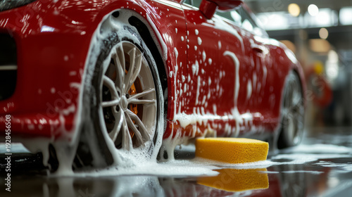 Close-up of red car with foam and yellow sponge during car wash
