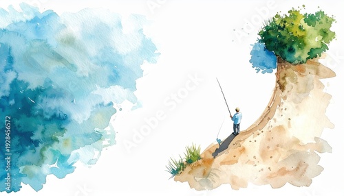 A lone fisherman casts from a cliff edge beside a watercolor sea—serene and minimalist. The soft, dreamy  theme evokes solitude, nature, and quiet contemplation. free space for text.