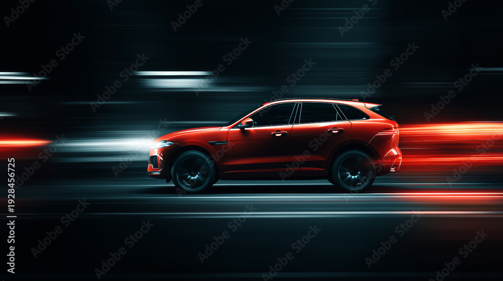 Obraz premium Red SUV in motion with blurred lights, dynamic automotive scene at night