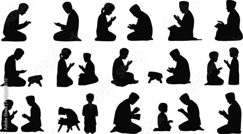 Muslim people praying silhouette set, Islamic prayer poses Ramadan worship black flat vector illustration collection