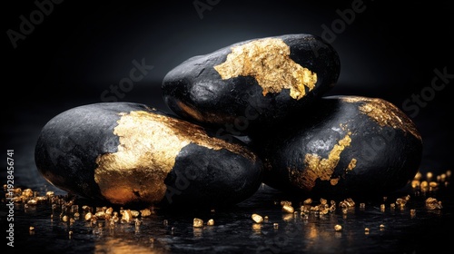 Wallpaper Mural Luxurious Black Stones Adorned With Gleaming Gold Leaf Accents and Scattered Gold Flakes Torontodigital.ca