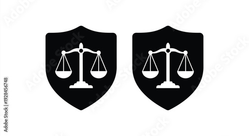 Two black shields displaying scales of justice a stark silhouette
