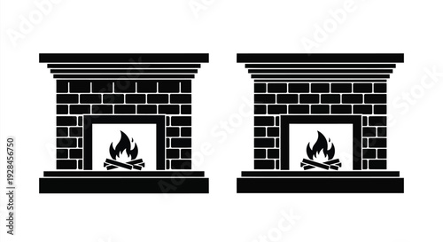Two black fireplaces with burning logs a stark silhouette