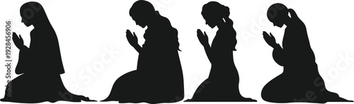 Muslim women praying silhouette set in kneeling position for Ramadan Kareem spiritual worship and Islamic religious concept, flat vector illustration