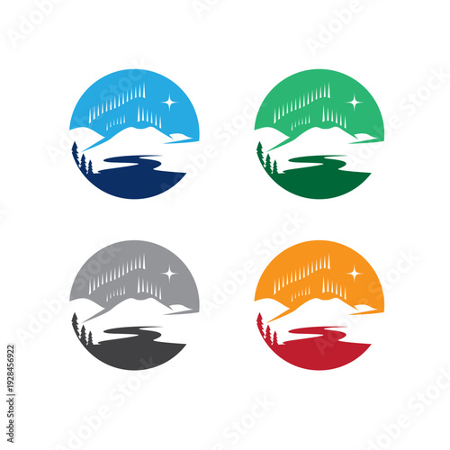 Mountain landscape set with northern lights and river in circle for travel logo vector