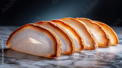 Wallpaper Mural Polished agate slices arranged in a fan shape displaying natural quartz and vibrant banding on a marble surface Torontodigital.ca