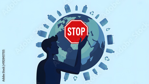 Man holding stop sign on earth.