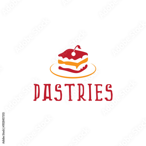 Layered pastry slice with a cherry on top in red and orange colors for bakery logo vector