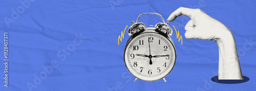Retro Halftone Alarm Clock Banner. Hand Turning Off Ringing Clock on Blue Background. Time Management Collage Concept for Morning Routine.