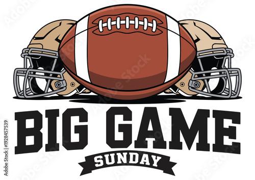 American football helmet and ball vector set with Big Game Sunday typography, sports game day celebration illustration, fan excitement and championship event concept, editable vector graphic isolated 