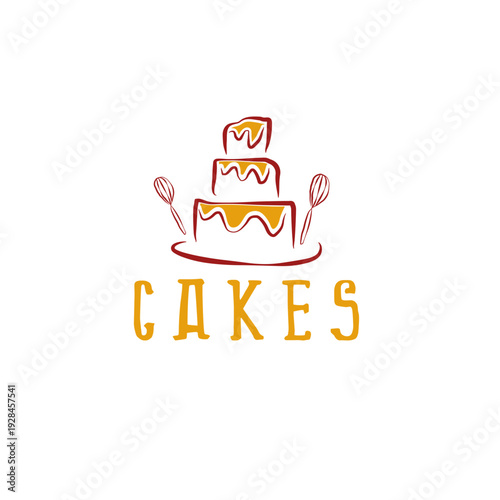 Three-layered cake with dripping frosting and whisks in red and orange colors for bakery logo vector
