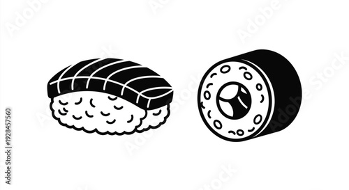 Two sushi rolls depicted in a bold black silhouette