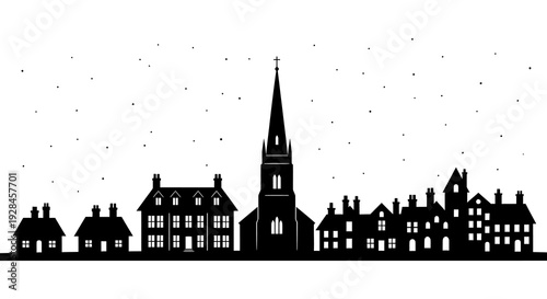 Black silhouette of a town with a church steeple against a starry sky
