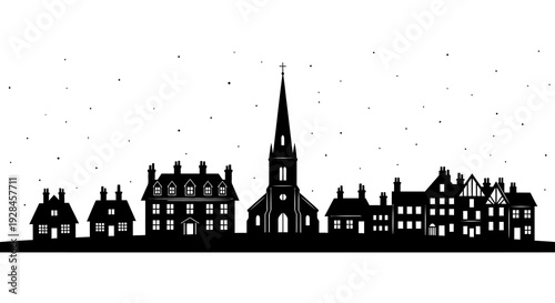 Black silhouette of a european cityscape with a prominent church steeple
