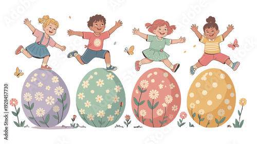 Happy children jumping on colorful Easter eggs.