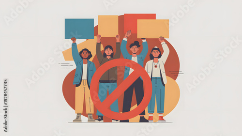 Protesters holding signs and a ban symbol.