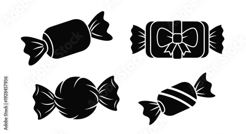Four black candy shapes with distinctive wrapping a bold silhouette