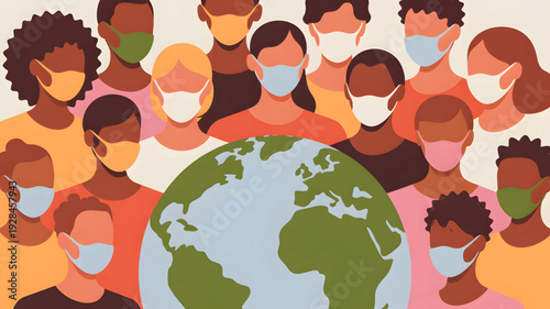 Diverse people wearing face masks globe.