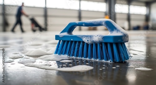 A blue brush with soap suds is being used to clean a dirty floor in a large industrial space with a worker in the background.