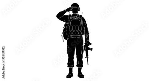 Silhouette of a soldier in tactical gear saluting with a rifle present