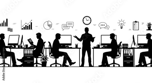 Black silhouette illustration depicting a busy office environment with data graphics