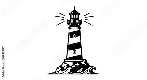 Black and white illustration of a coastal lighthouse on rocky waves