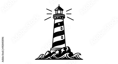 Black and white illustration of a lighthouse on rocky shores with radiating light beams