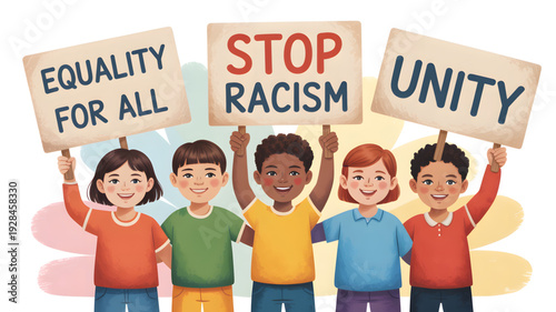 Diverse children holding anti-racism signs equality.