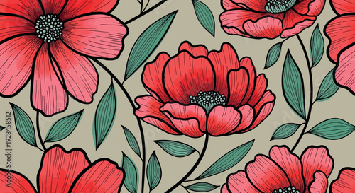 Vibrant Red Poppies and Green Leaves in a Repeating Floral Pattern - Digital Art