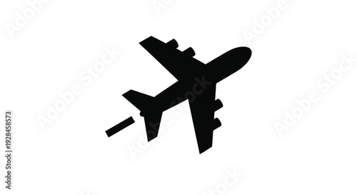 A black silhouette of an airplane in flight against a white background silhouette