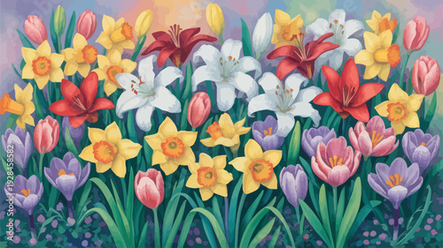 Vibrant and Colorful Spring Flower Bed Illustration Featuring Diverse Blooming Lilies, Daffodils, Tulips, and Crocuses in a Lush Garden Scene