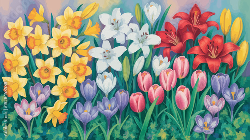 A vibrant watercolor illustration of a diverse garden bed filled with blooming daffodils, tulips, lilies, and crocuses in full spring splendor