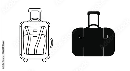 Two luggage illustrations one detailed and one a dark silhouette