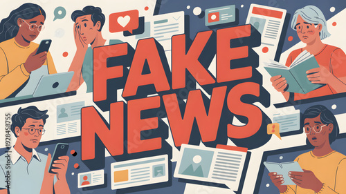 People reading fake news on devices.