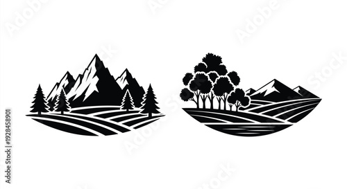 Two mountain and forest landscapes in stark black silhouette