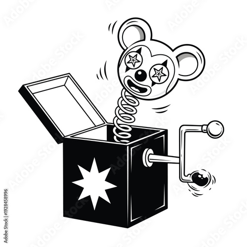 Curious mouse peeking out from an open treasure chest with a starburst pattern Vector