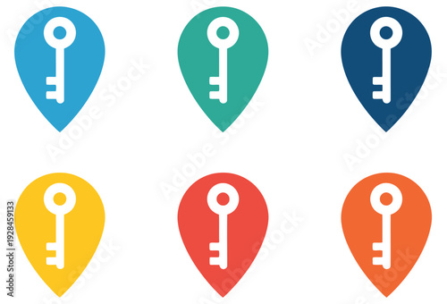 Key and access concept vector icon set, security key symbol, access control and authorization icons, map location mark and navigation pointer sign, editable vector illustration, flat and line style,