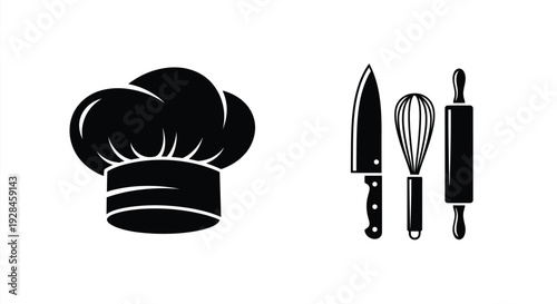 Chef s hat knife whisk and rolling pin in black silhouette