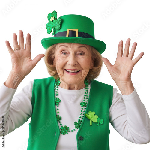 Woman wearing a green hat and scarf with clover decorations on a white background